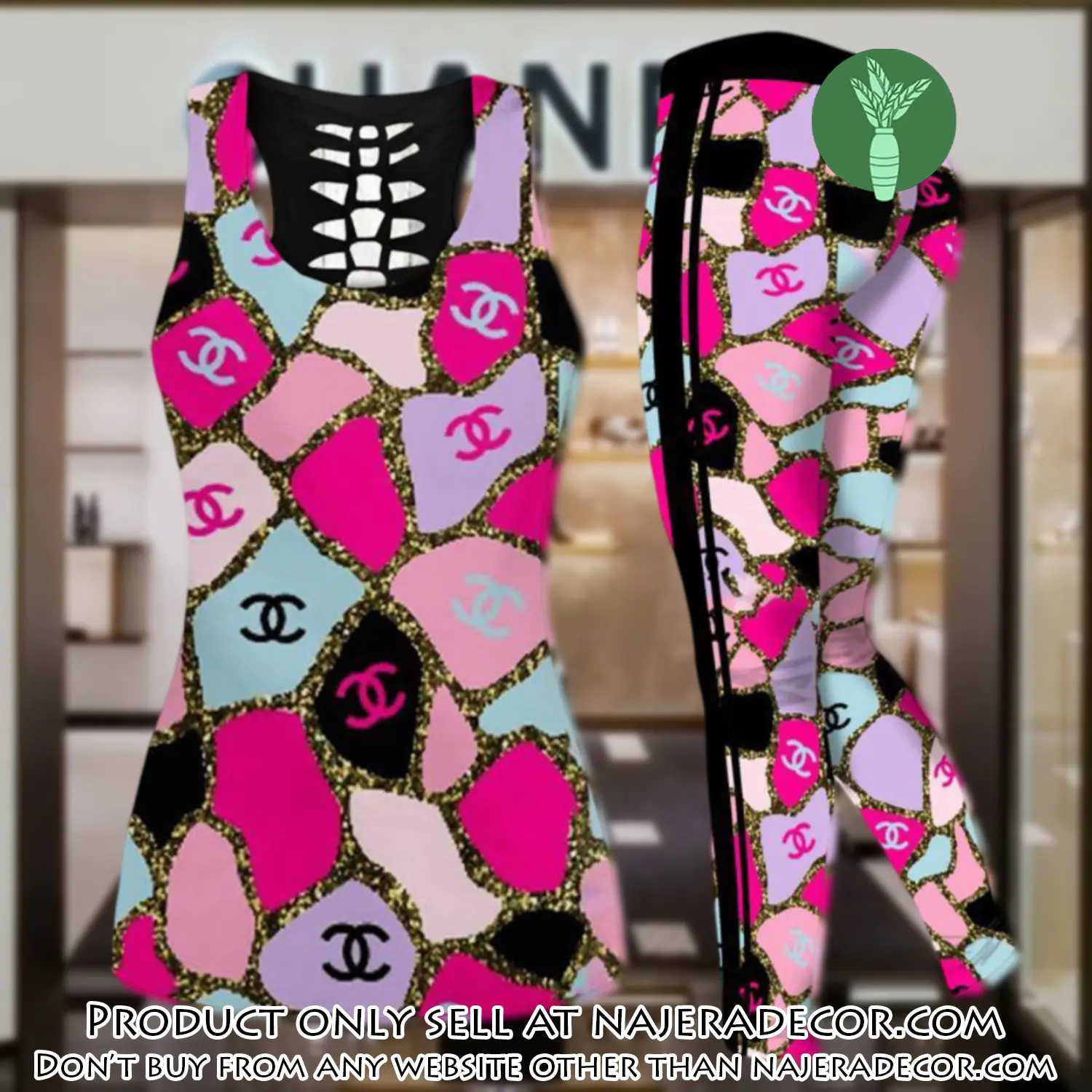 Chanel pink tank top leggings set luxury brand for women yoga gym njr3009320